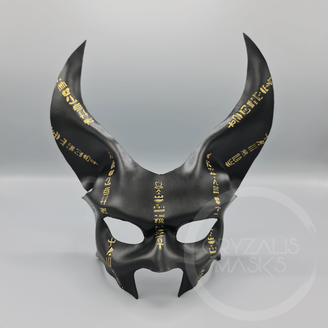 Black leather Anubis Mask with Gold Hieroglyphs