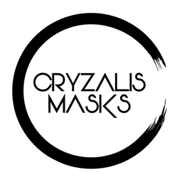 Cryzalis Masks logo, white circle with black edge. Cryzalis Masks in a black font in the centre of the circle